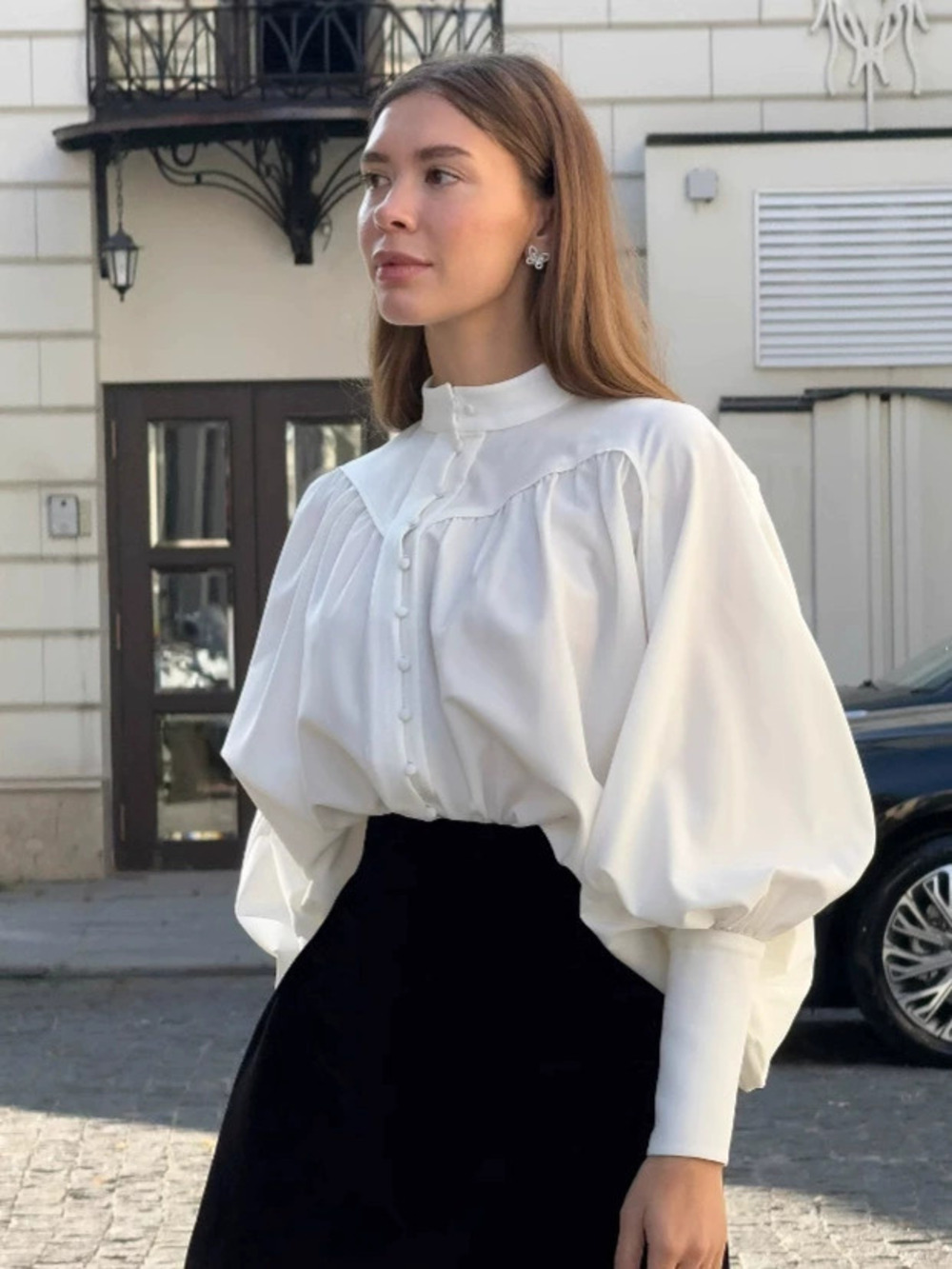 Forever 21 White Stand Collar Puff Sleeve Blouse Autumn Court Top